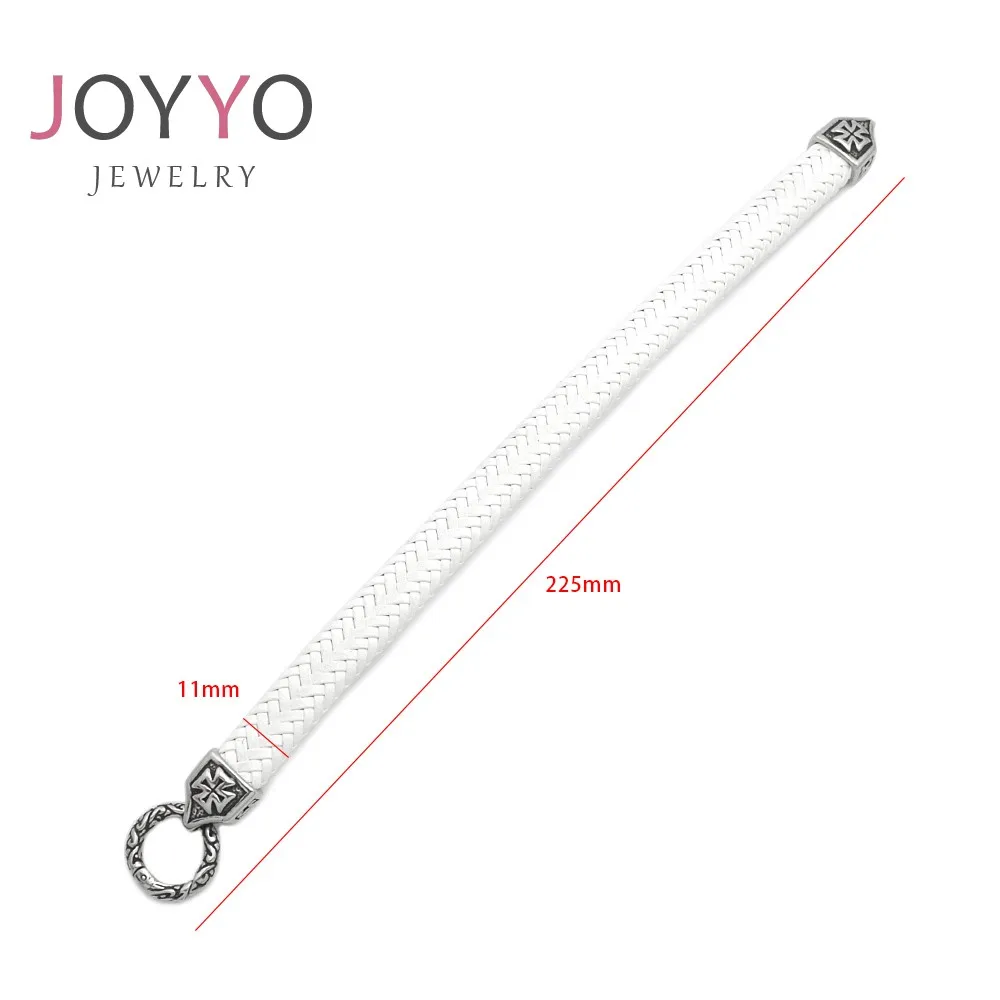 White Color Leather Cuff Bracelets Stainless Steel Leather Goth Bracelet Handmade Mens Braided Leather Jewelry