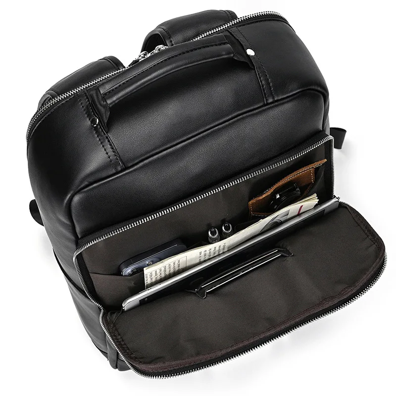 Mens Genuine Leather Backpack Korean Style Office 14 Inch Laptop Bag Top Grade Cowhide Black Business Large Capacity Backpack