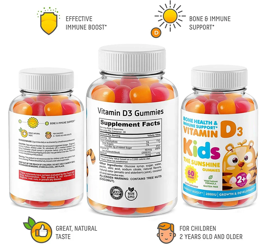 Private Label Sugar Free Vitamin D3 Gummies Bone Health Immune Support 60 Gummies For Kids Energy Boost Growth&Development