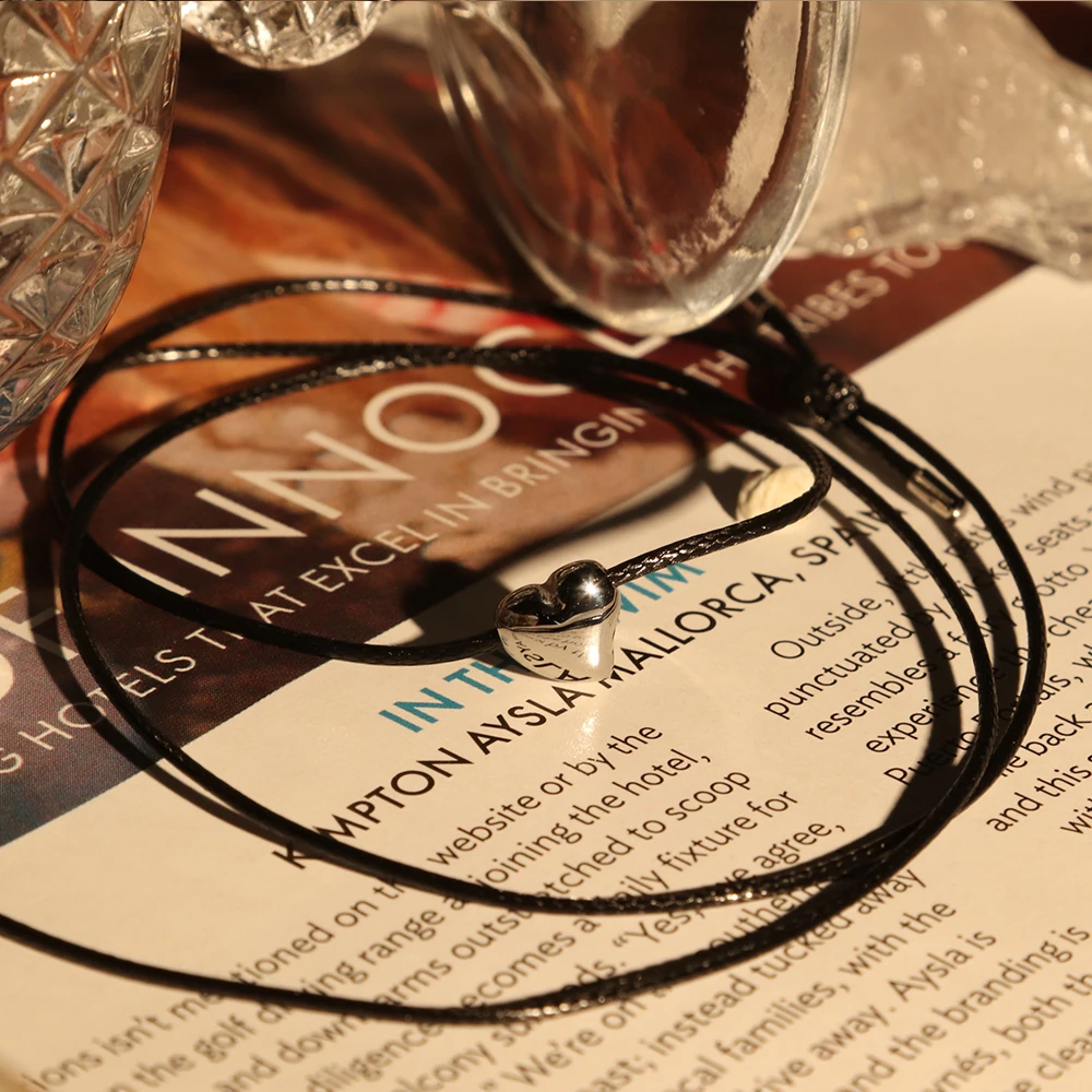 Chris April PVD gold plated 316L stainless steel hand crafting wax rope hollow heart charm chain necklace