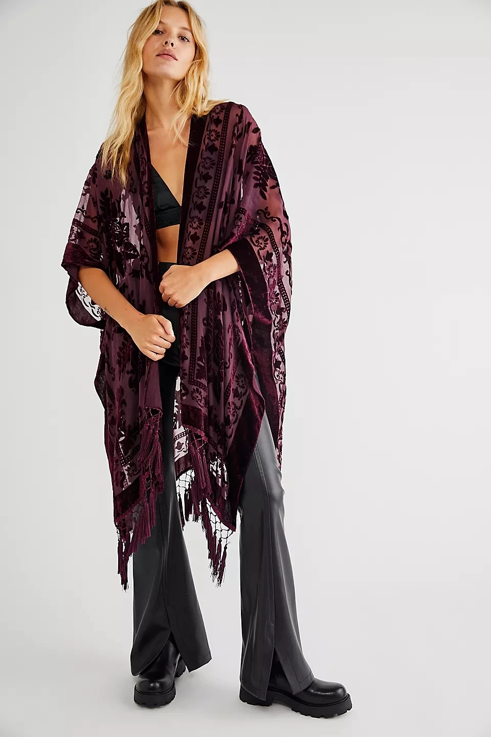 High quality velvet Cardigan fashion women burgundy velvet floral burnout kimono