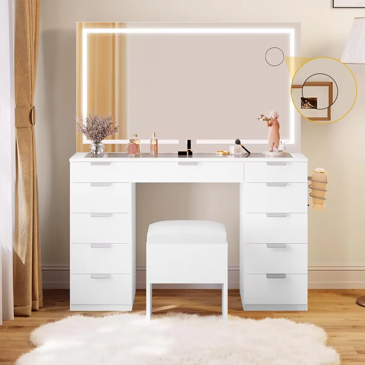 Vanity Desk Set with Large LED Lighted Mirror Power Outlet Glass Top Vanity with 11 Drawers and Magnifying Glass