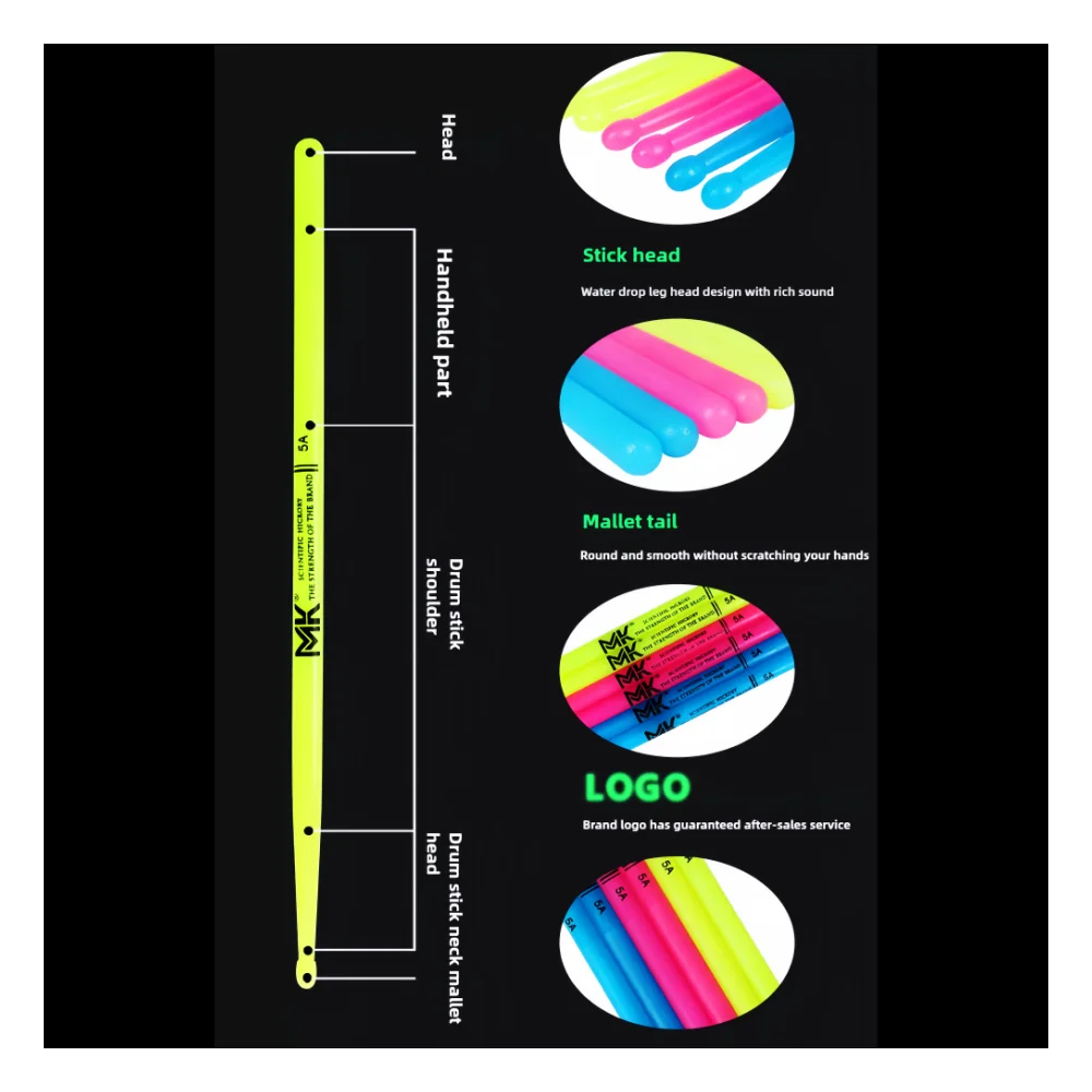 MK Professional Luminous Nylon Jazz Hammer Drum Sticks 5A 7A Bassoon Mallet Fluorescent Stage Performance for Drum Set stick