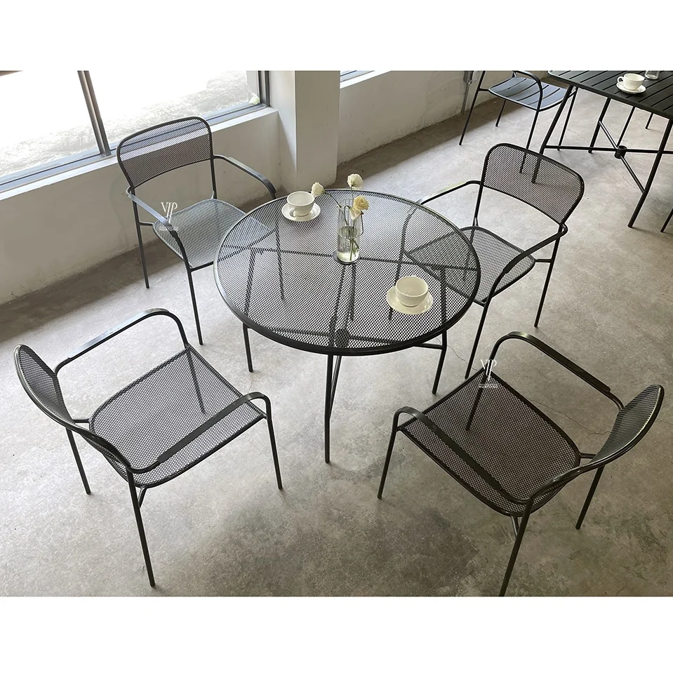 
modern outdoor metal patio coffee garden bistro 3 Piece mesh table and chairs outdoor set furniture 