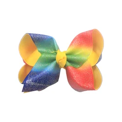 Large size handmade rainbow colors hair bows sequin leather ribbon  with alligator hair clip
