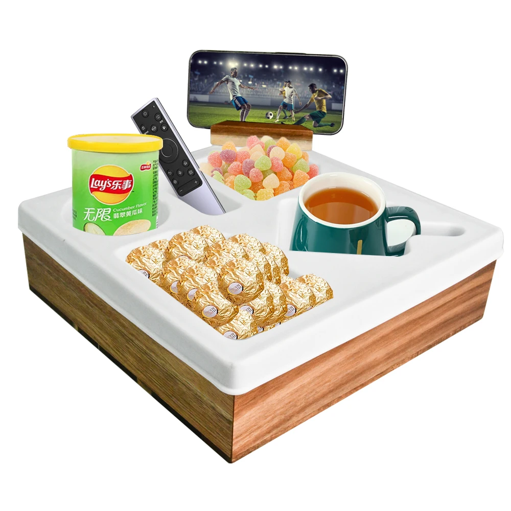 2024 Acacia Wood Couch Tray with Waterproof and Anti-Spill Design 100% Bamboo Caddy for Snacks and Drinks with Built-in Control