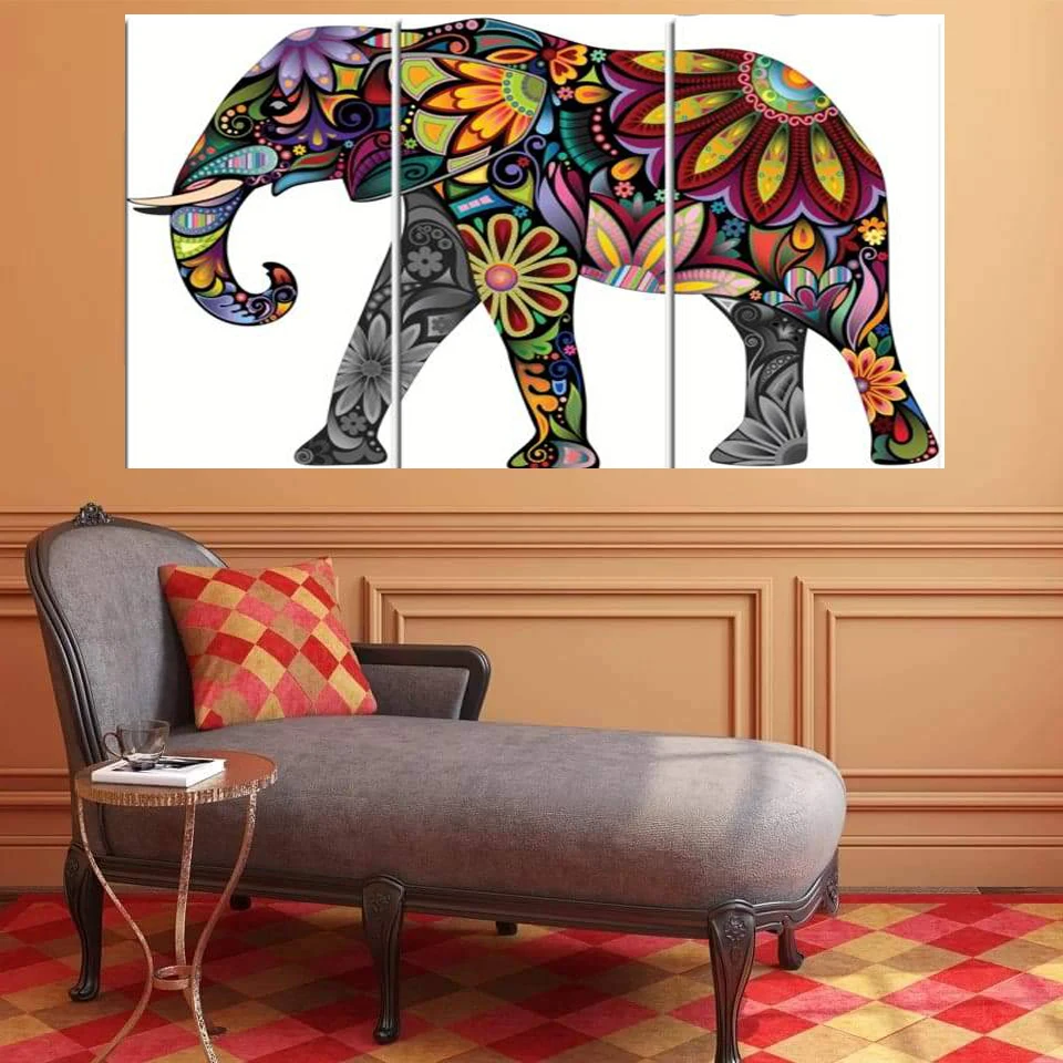 3 Piece Hd Picture  Camouflage Elephant Flower  Posters Art Decoration Wall Canvas Print Painting