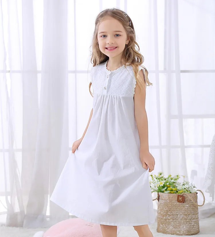 Cotton white kids summer sleepwear sleeveless square collar new pajamas