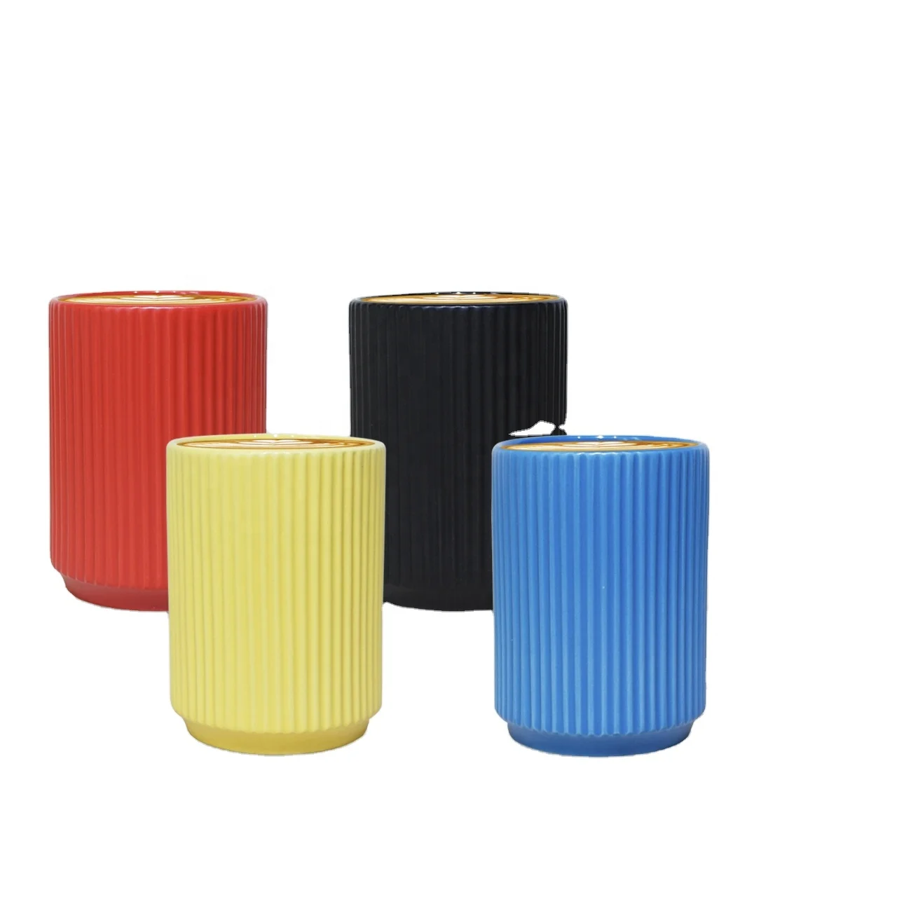 300ml Red Japanese Style Ribbed Ceramic Cup for Back to School with Beautiful Japandi Design Set Of 4