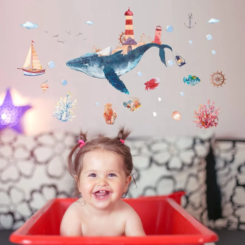 
HM92020 Fairy Tale Childhodd Whale Wall Decal Cartoon Ocean Wall Stickers Kids Bedroom 