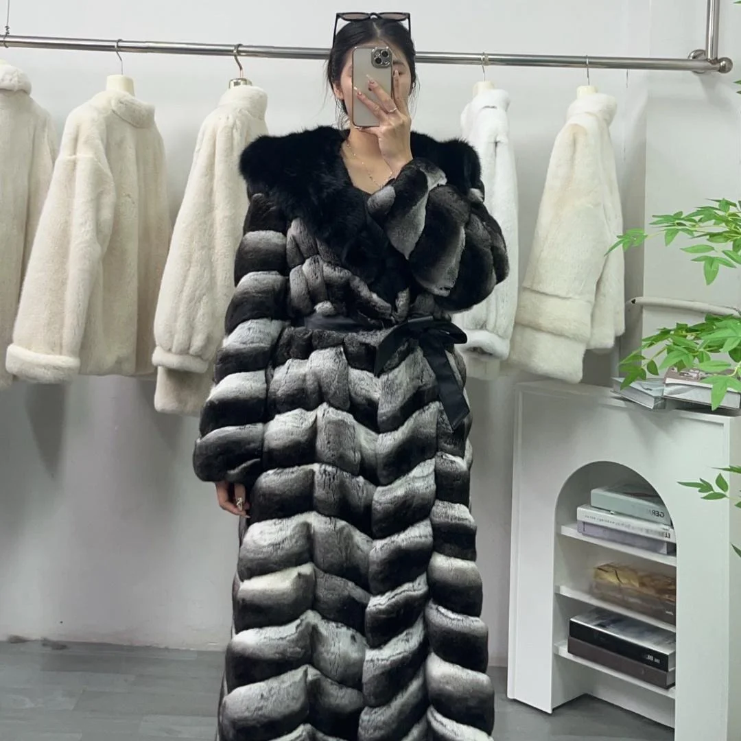 Wholesale natural color Luxury women Chinchilla fur coat warming real chinchilla fur coat
