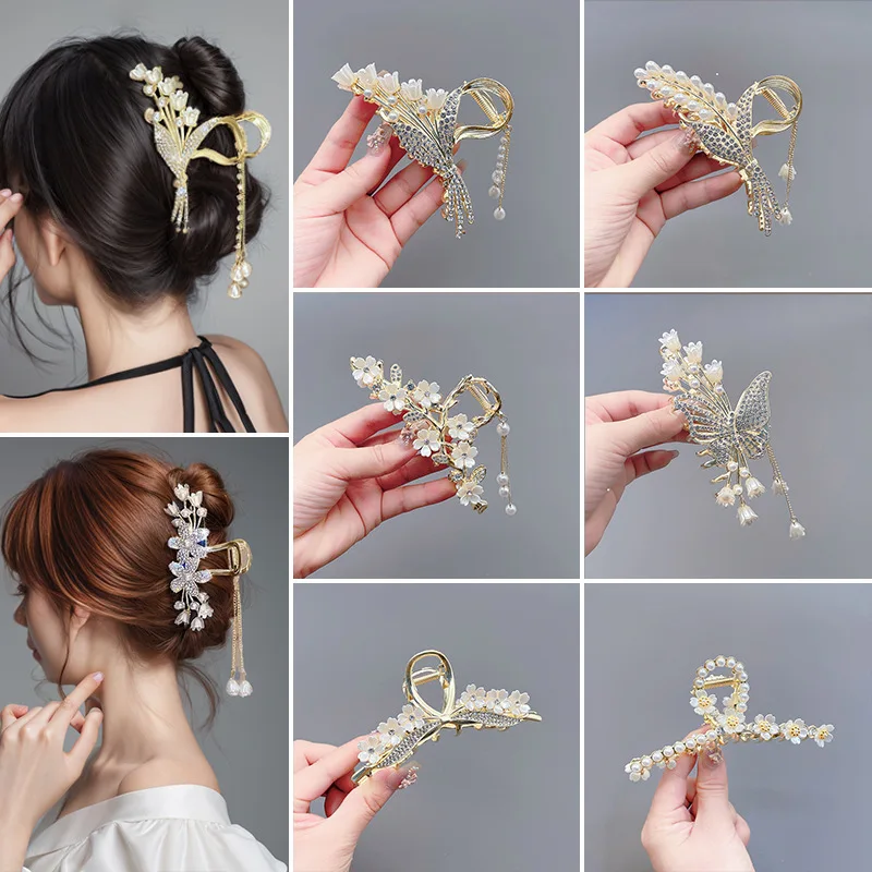 Elegant Large 13cm Hair Clip with Pearl Rhinestone and Lily of the Valley Tassel and Wheat Design