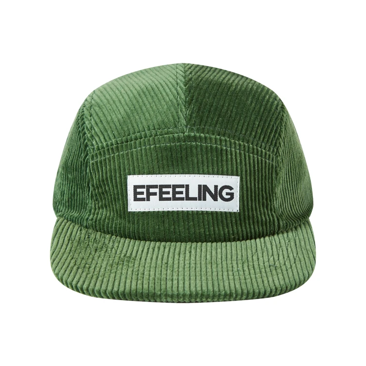 Custom Green Private Woven Label Vintage Corduroy 5 Panel Hat
