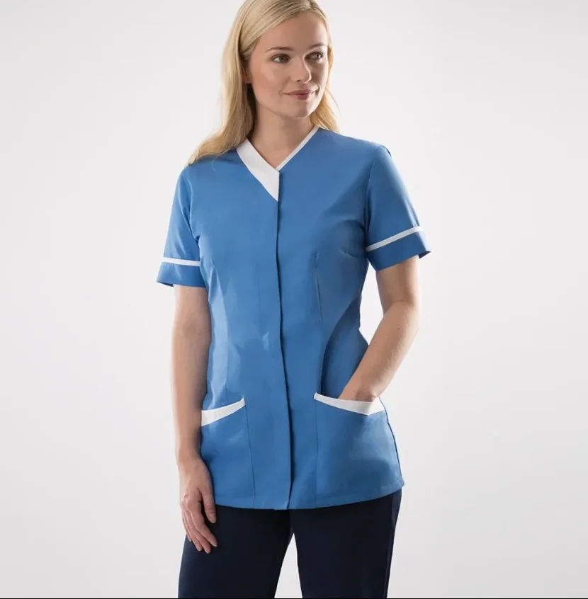 60 % Polyester 40% Cotton cleaner Contrast Trim Cleaning Tunic hotel staff working short sleeve scrubs