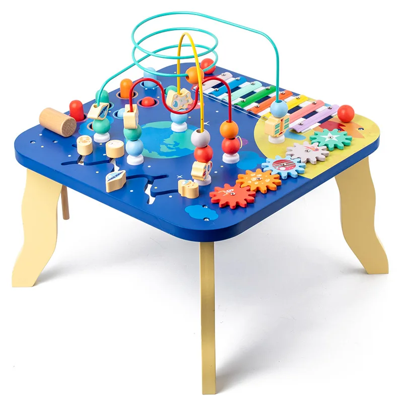 5 In 1 Multi-functional Busy Board Montessori Kids  Educational Toys Bead Maze Table Wooden Xylophone Toy Gaming Desk