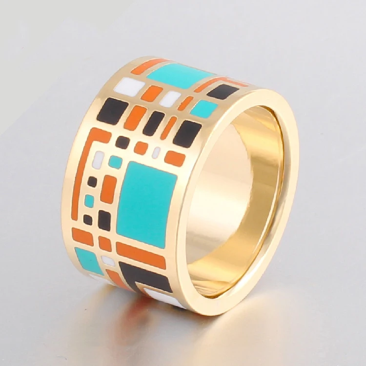 
Latest design Woman Gothic Style Custom Wide Ring Gold Plated Stainless Steel Enamel Ring 