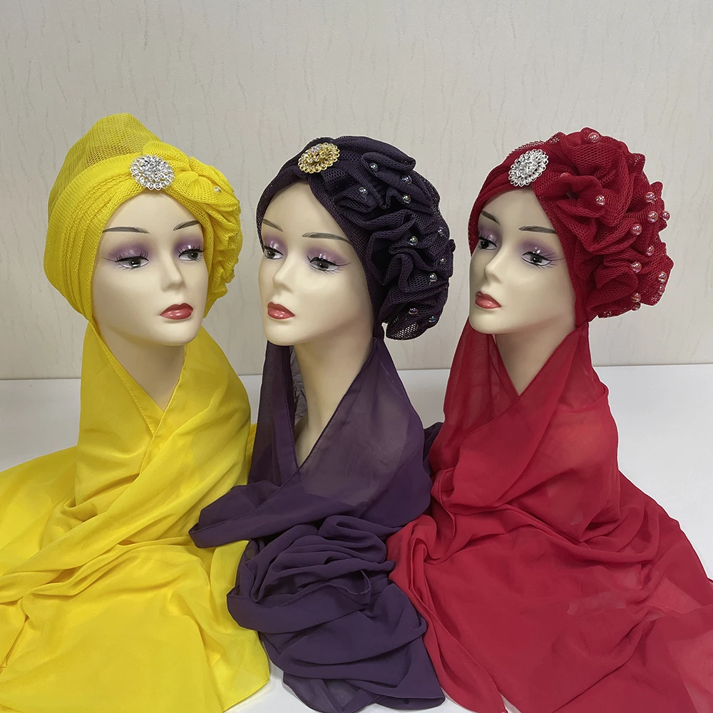 MH-1156 Factory wholesale Muslim net & chiffon luxury decorative women head wrap turban for ladies abaya dubai