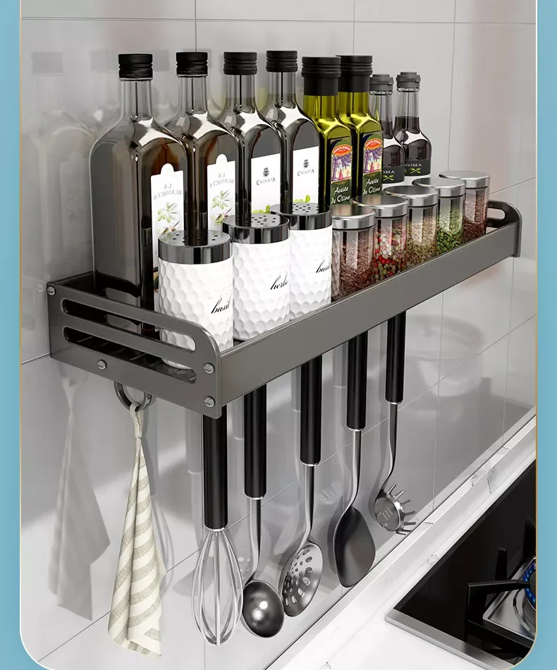 Kitchen Shelving Wall-mounted Hole-free Household Seasoning Supplies Complete Tool Rest Rack Multi-functional Storage Rack