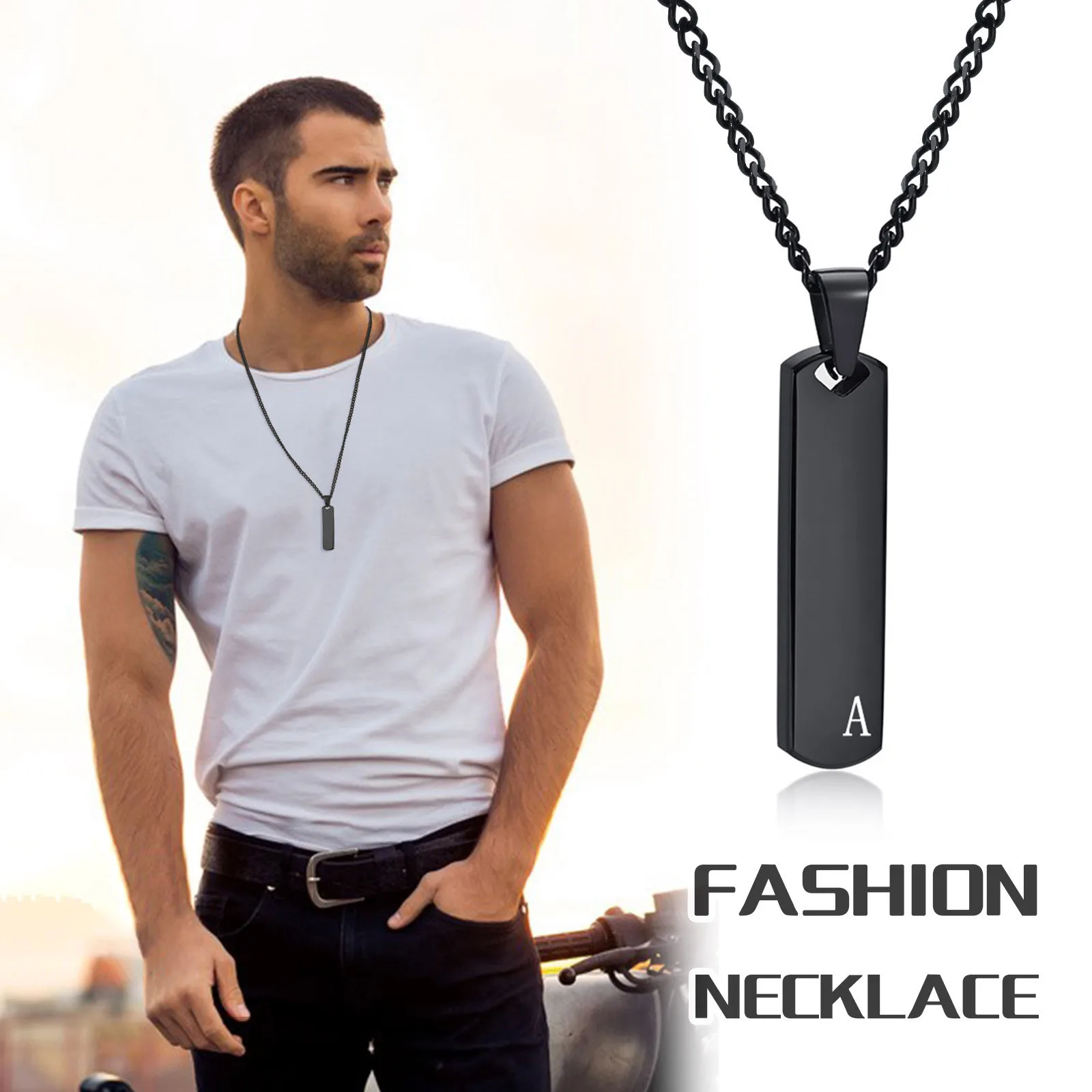 Initial Bar Necklace for Men, Thick Geometric Vertical Bar Pendant with A-Z Letters Casual Simple Collar Gift Jewelry