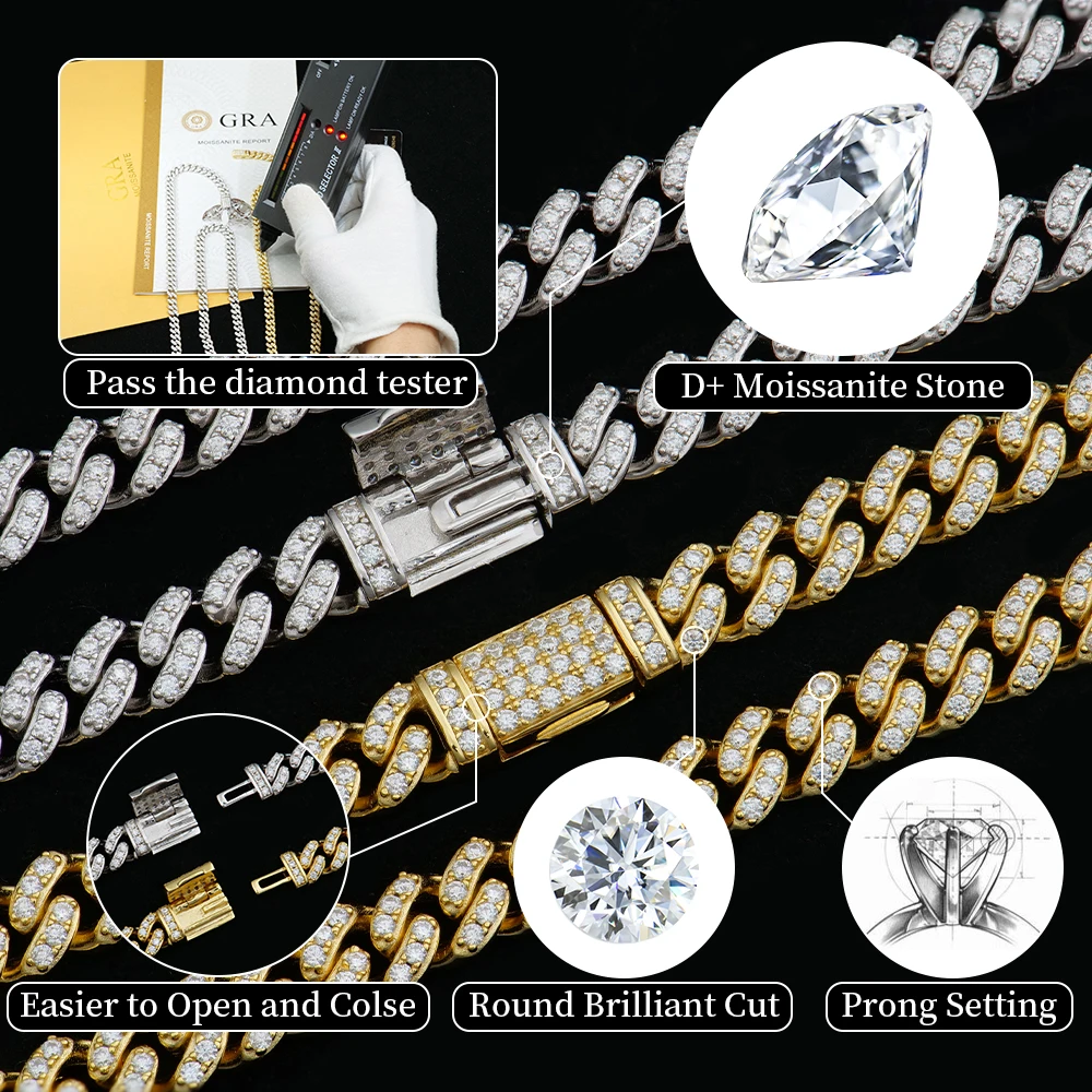 Top Fashion High Quality S925 Hip-Hop Jewelry Gold Plated 6-16mm Full Iced Out Moissanite Cuban Chain Necklace for Wholesale