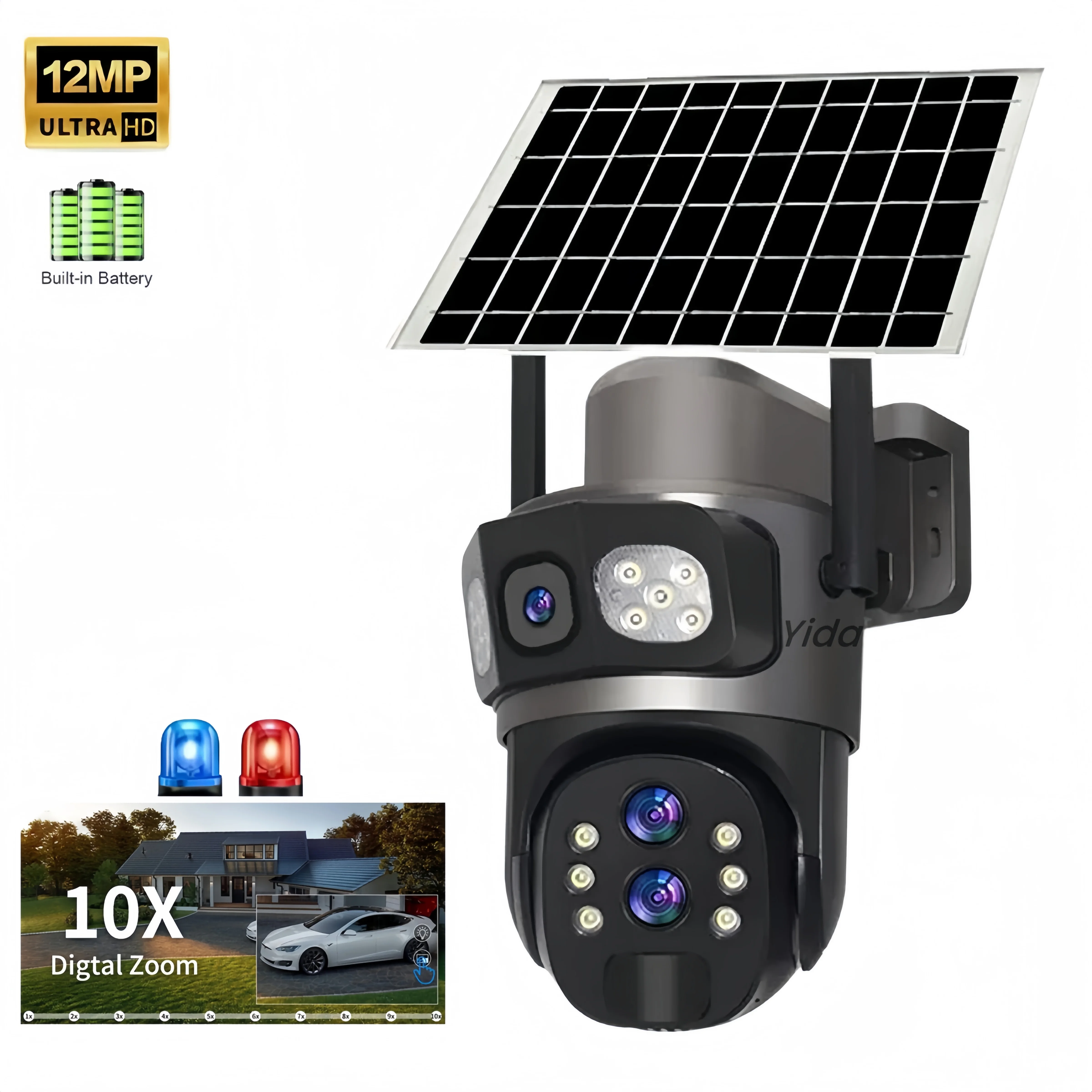 6K Outdoor Solar 4G Camera Three Lenses Two Screens 10x Optical Zoom HD Wireless Video Monitor Recorder Home Cloud IP