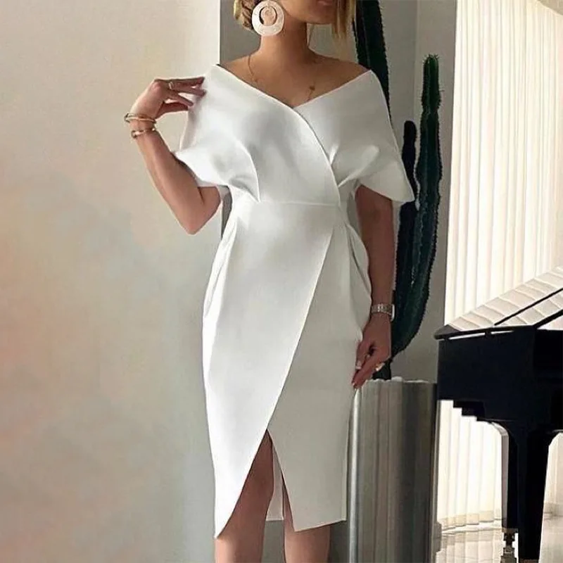 Factory Outlet Women White Skirts Elegant French Satin Fabric Dresses Slim Evening Dresses