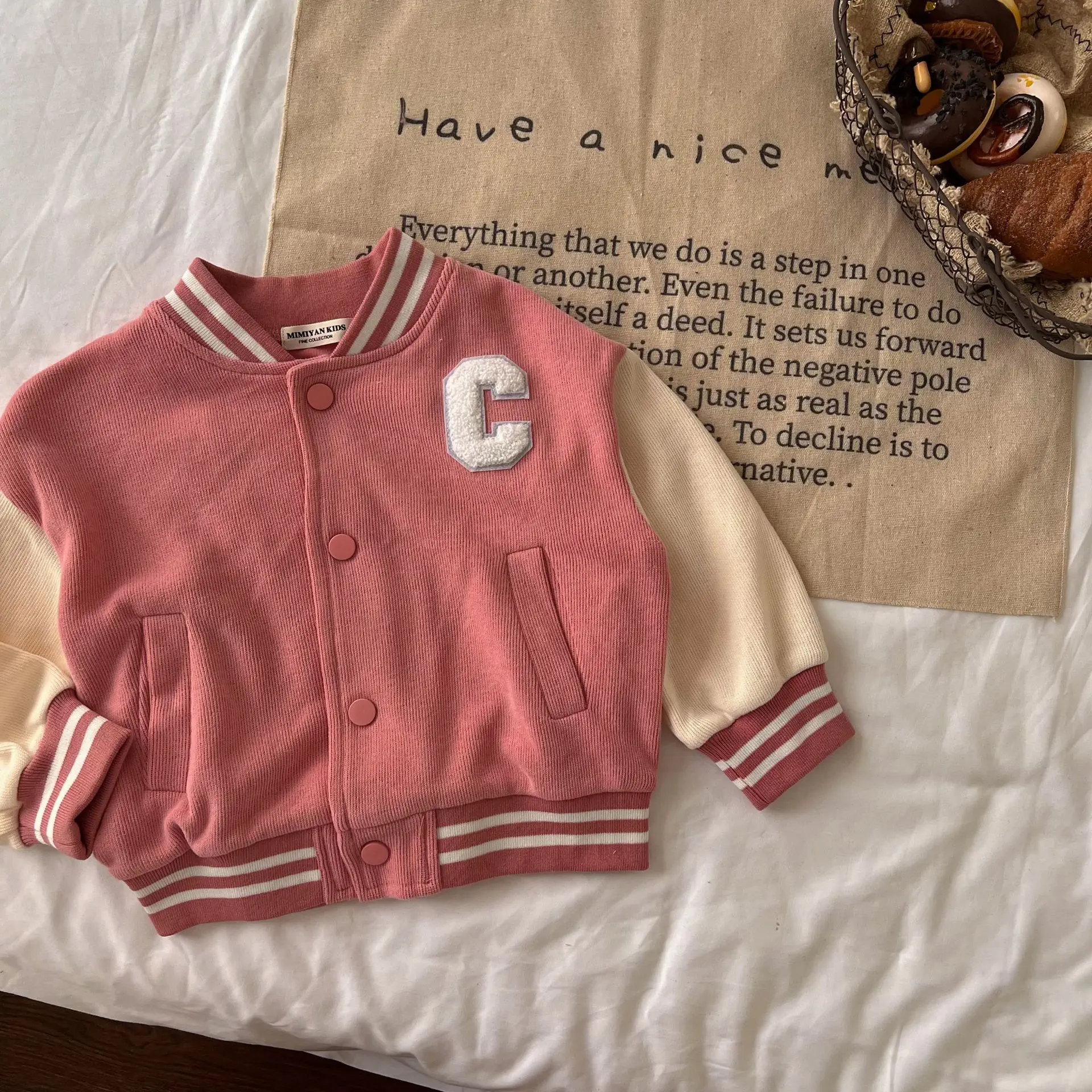 Custom Toddler Boys Girls Strip Trem Letter Graphic Jacket Kids Varsity Jackets