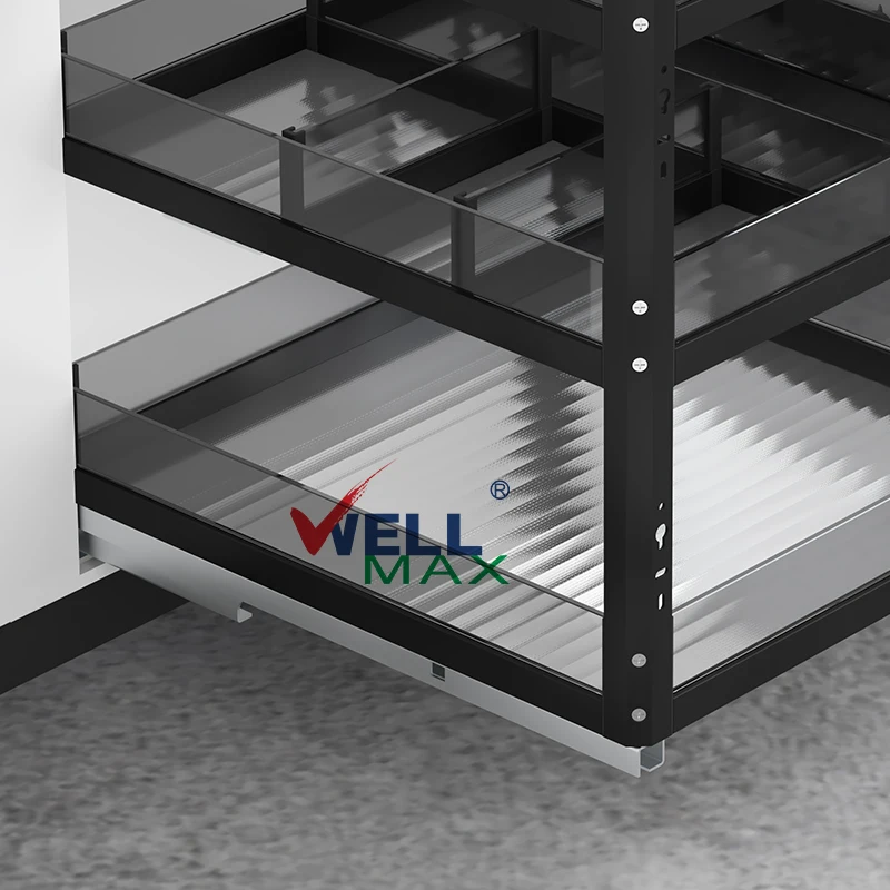 WELLMAX Multifunctional Glass Sliding Spice Drawers Basket Hardware Accessories Pull Out Storage Rack Kitchen Cabinet