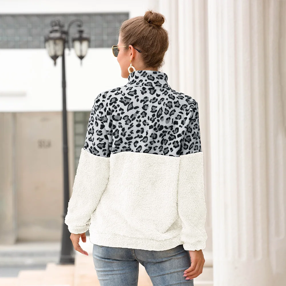 Hot sale ladies leopard stitching plush long-sleeved sweater women autumn and winter hooded new top coat