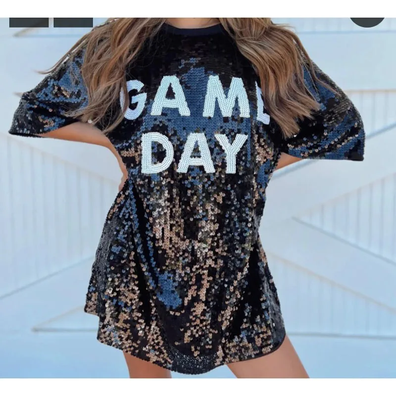 Custom Logo Oversized Sparkle OS Dress Sequin Jersey Tunic Top T-Shirt Dress Womens Game day Sequin Dress