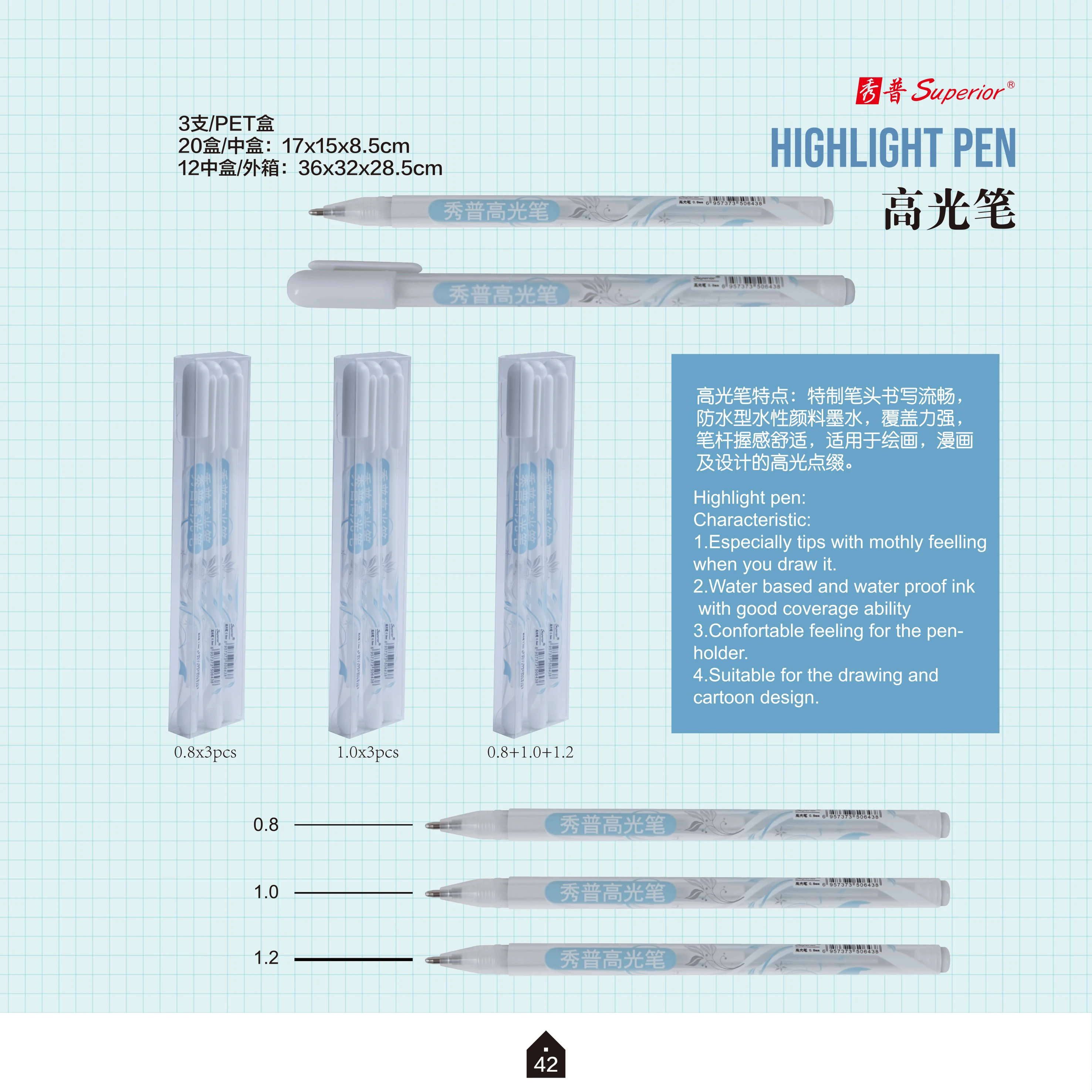 Superior Popular Drawing Highlighter Marker Pen Set with Water Proof Ink