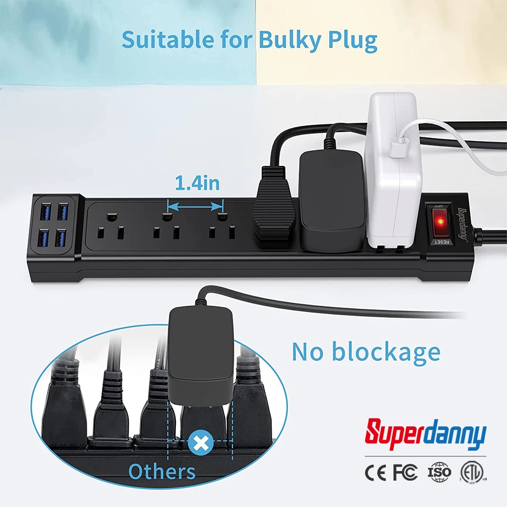 SUPERDANNY electrical plugs Surge Protector Power Strip125 Volts  AC Outlet  USB power extension socket