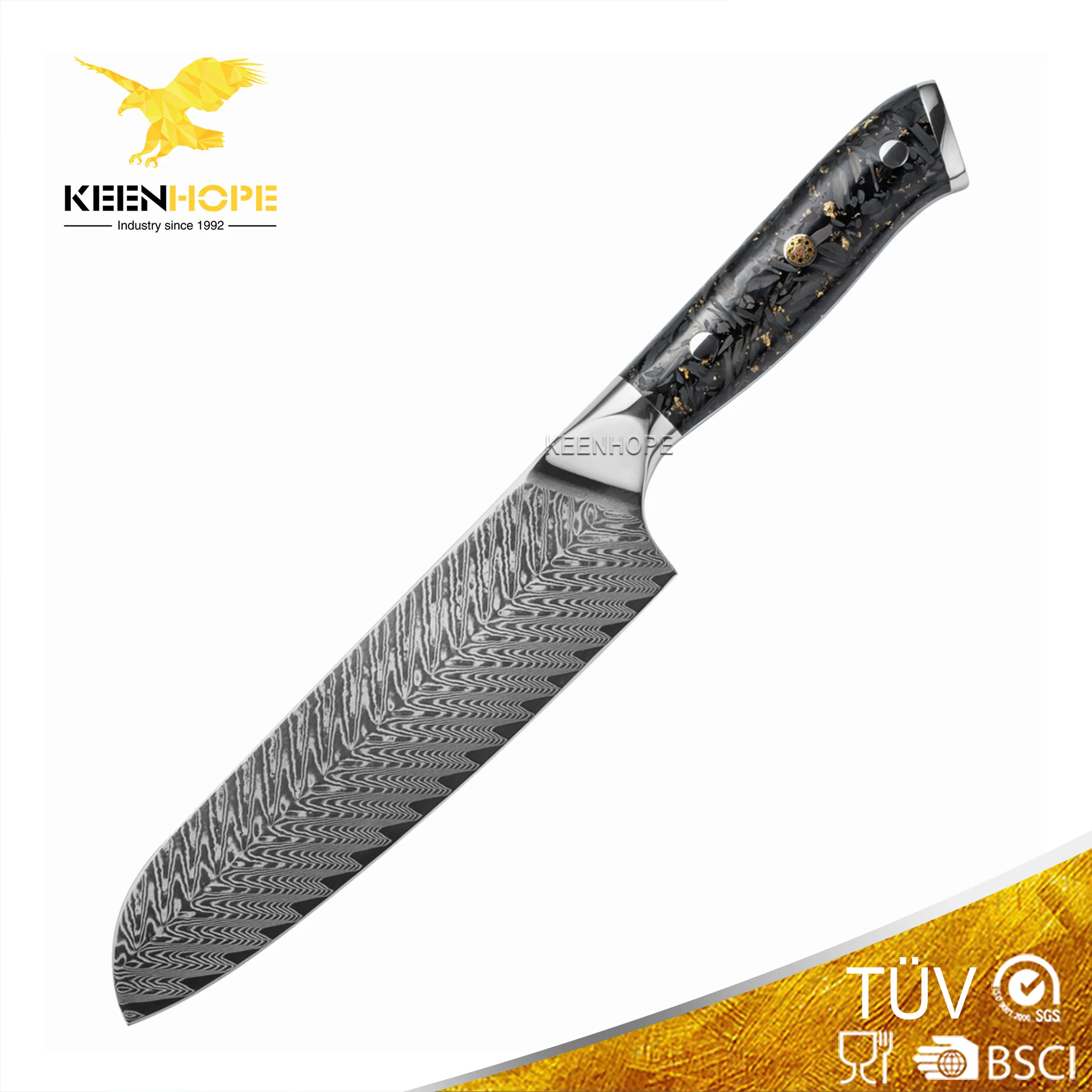 7 inch Santoku Knife with SS316 Bolster Composited Resin + Carbon Fiber Handle 67 Layers Damascus VG10 Knife