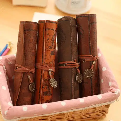 Creative treasure map Vintage Canvas Leather Large Capacity roll pencil bag lovely simple stationery box
