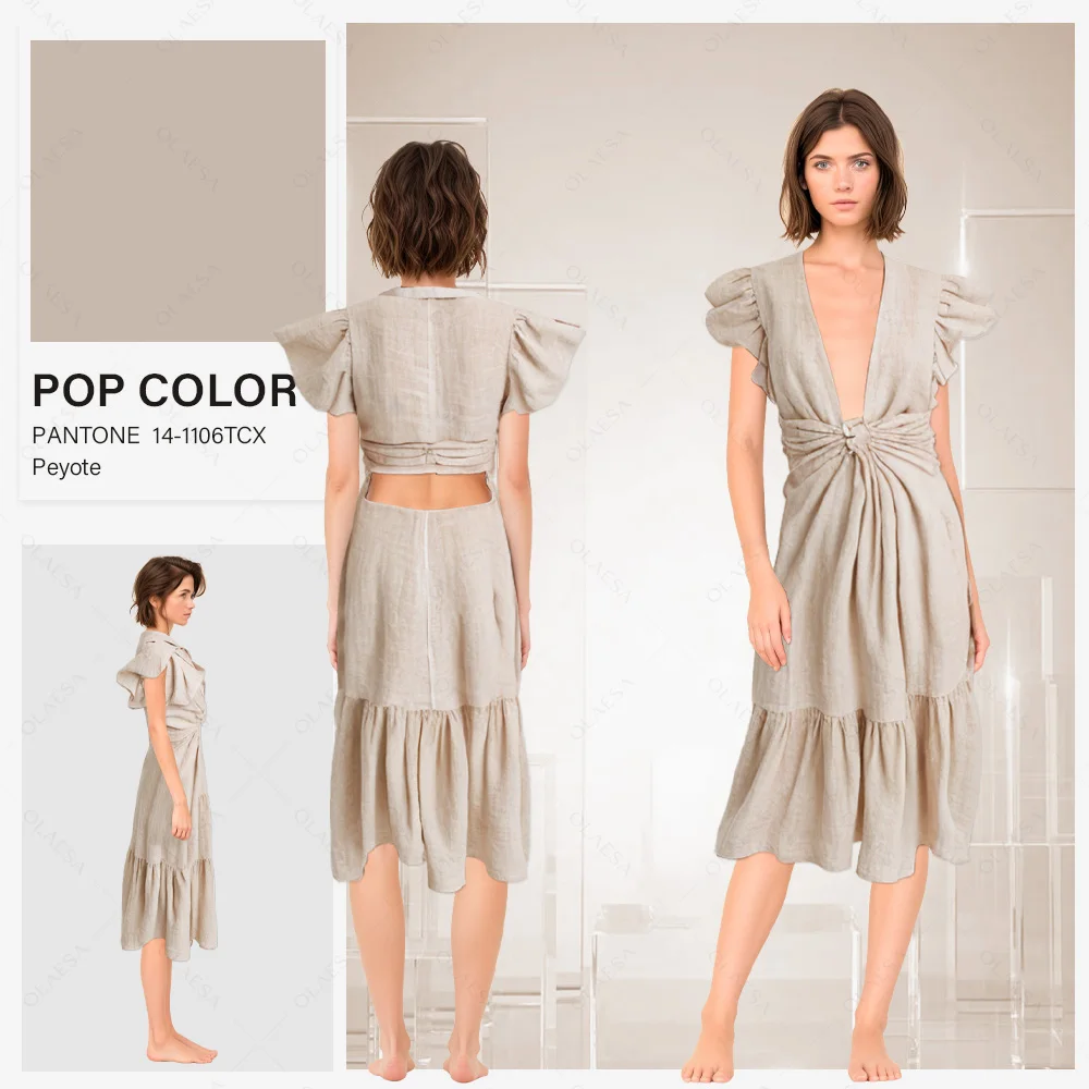 Odm Design High Quality Women Holiday Plain Dresses Ladies Tied Knot Midi Dress Casual Linen Dresses