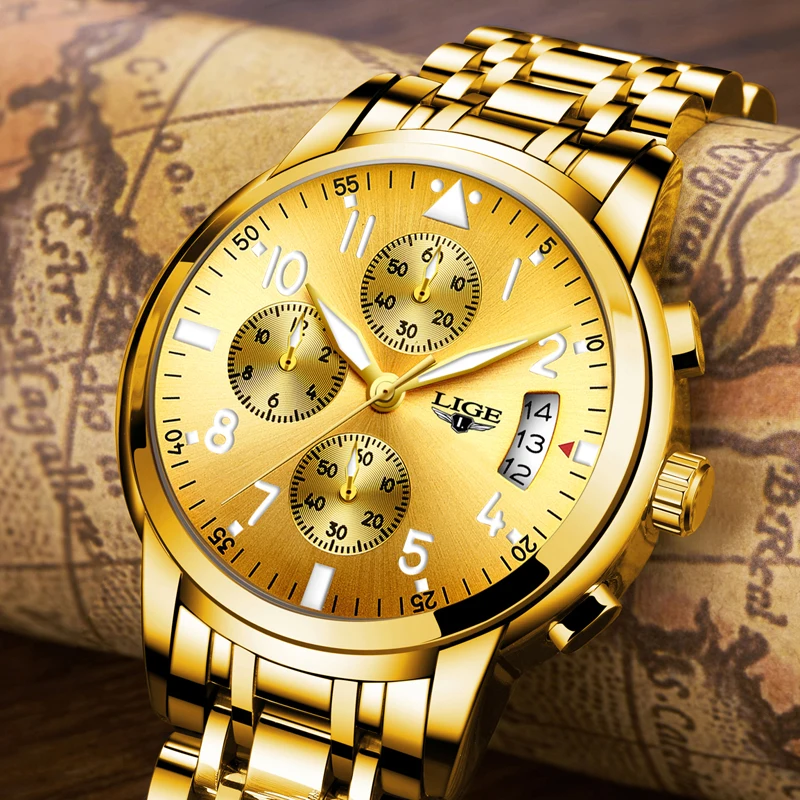 Часы наручные LIGE Мужские кварцевые, Брендовые спортивные полностью стальные водонепроницаемые золотистые