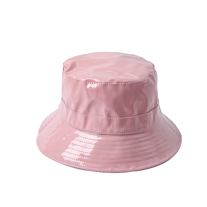 High Quality Plain Colour Women Hat PU Fabric Waterproof Rain Bucket Hot Sale Faux Leather Thickened Panama