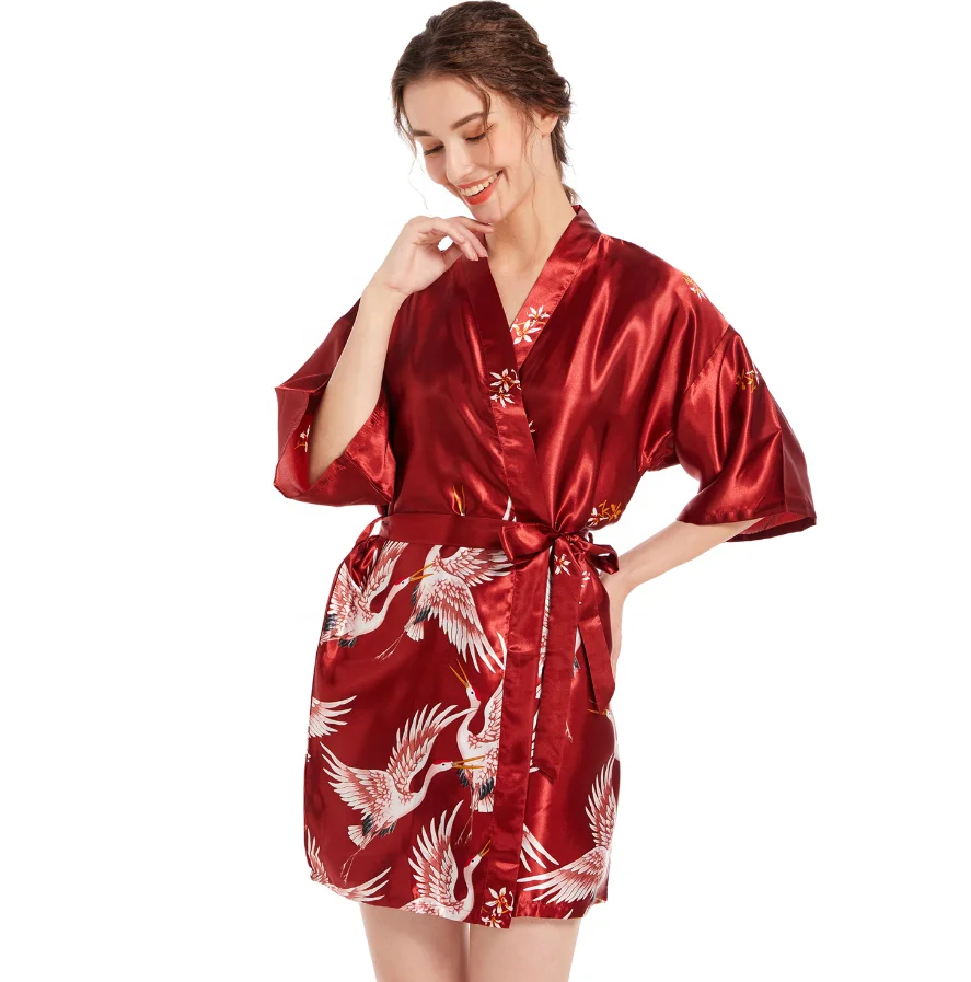 Wholesale Lady Ice Silk Sleepwear Summer Sexy V Neck Long Robe Wedding Morning Gown Home Dressing Floral Bathrobe for Women