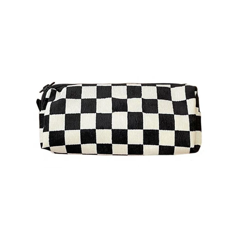 School Students Corduroy Retro Literary Zipper Pouch Pencil Bags Cute Checkered Pencil Case
