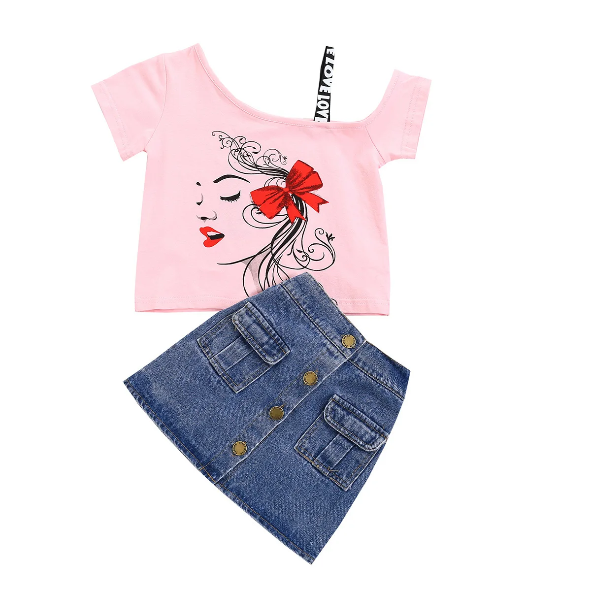 New summer girls clothes set fashion slanted shoulder strap cartoon t-shirt skirt Girls Clothing Set