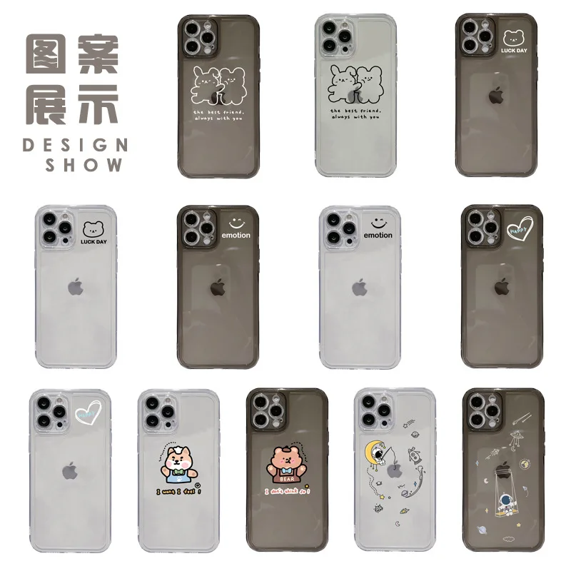 Side cartoon pattern lens protection phone case for iPhone 15 14 plus 13 pro max 12 11 X Creative bear Antishock TPU Square Edge