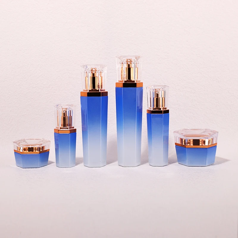 Hexagonal Light Blue Custom Logo 20 30 50 90 110 ml Packaging Skin Care Lotion Toner Face Cream Glass Bottle Set