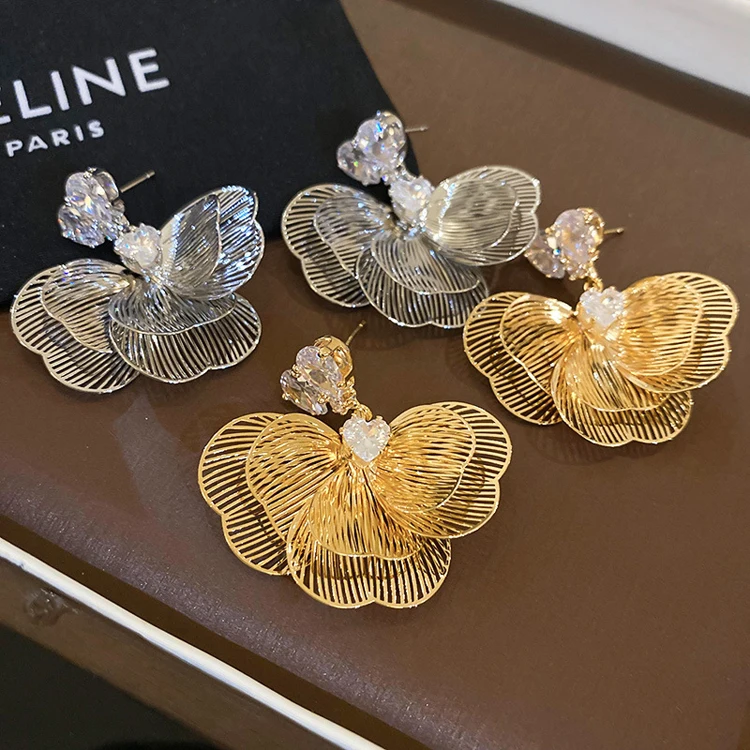 South Korea new design multi-layer hollow petal pendant earrings ladies wholesale flower heart zircon earrings women