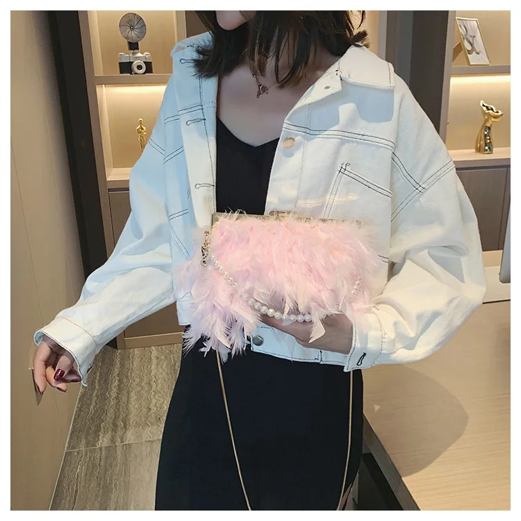Feather hair handbag pearls chain girls fashion tote bag metal chain shoulder bag