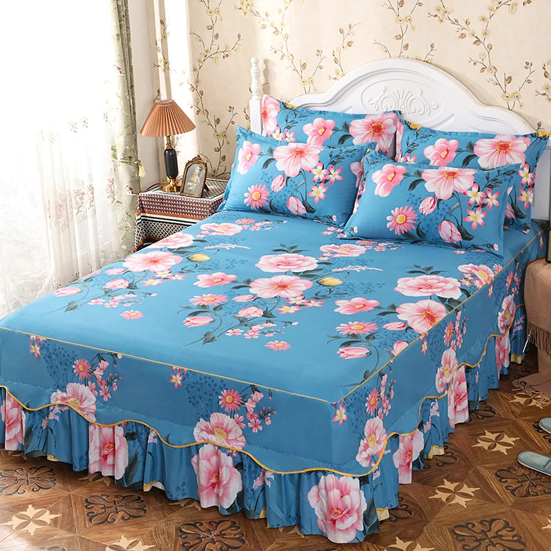 Cheap Printed Seams aloe Brushed cotton lace bedspread sheets three-piece bed skirt set