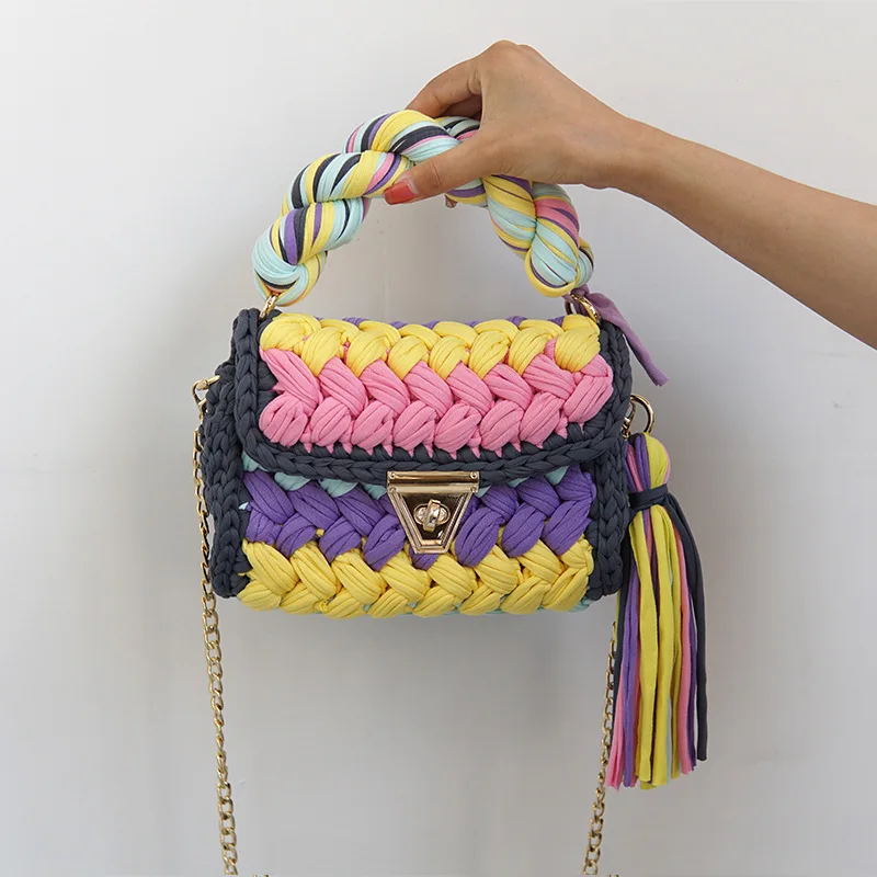INS Hot Sale DIY Yarn Crochet Women Handbag Hand Woven Multi Color Handbags Beach Yarn Purse