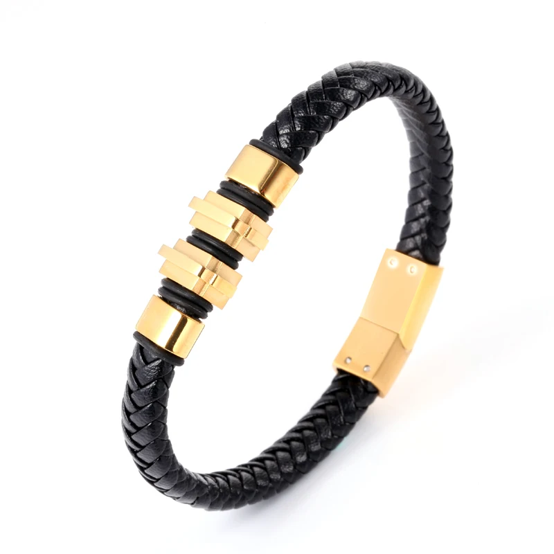 Оптовая продажа популярный черный двойной обёрточная бумага плетеный кожаный Новый Титан Сталь простой модный браслет для мужчин