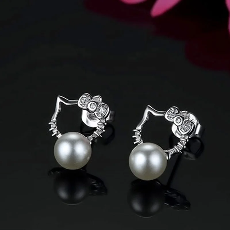 Cute Natural Pearl Hello Kitty Cat Stud Earring Jewelry Silver Plated 18K White Gold Hello Kate Cat Earrings for Baby Girl
