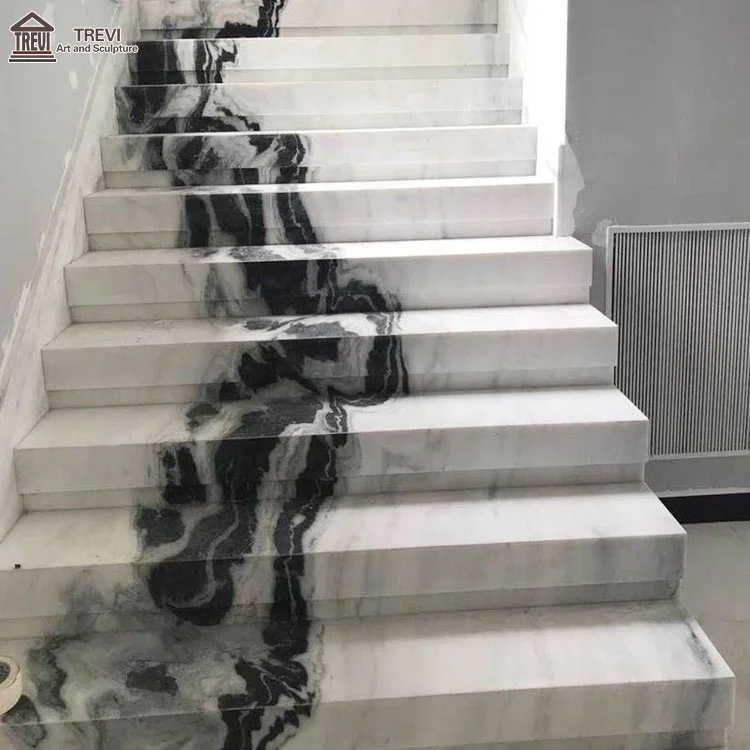 Villa Floor Design Indoor Staircase Beige Panda White Marble Tiles Stairs Step