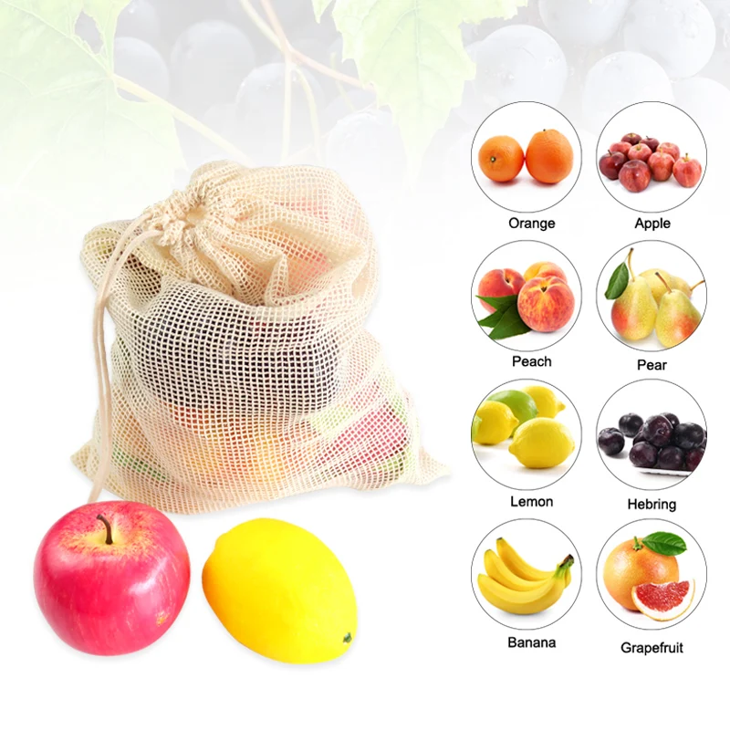 12-Piece Natural Cotton Mesh Bags Reusable Biodegradable Shopping Pouch for Fruit Vegetable Toy Storage in Cotton Pouch